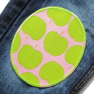 2 apple iron-on patches pink light green, retro knee patches apples, iron-on trouser patches for children image 4