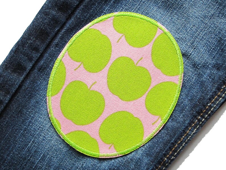 2 apple iron-on patches pink light green, retro knee patches apples, iron-on trouser patches for children image 4