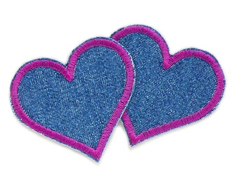 2 Jeans Flicken Herz lila, 5,5 cm, kleine Retro Herzaufnäher Hosenflicken zum aufbügeln
