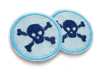 2 skull ironing pictures blue, patch for ironing, 4 cm, pirates ironing patches embroidered