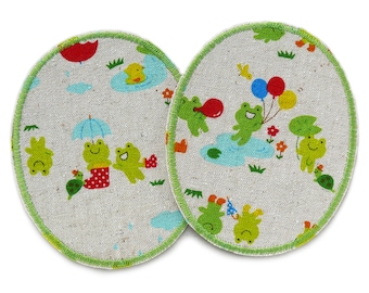 2 Flicken zum aufbügeln Frösche in Sommerfrische, 8x10 cm, Frosch Knieflicken Hosenflicken Bügelflicken für Kinder