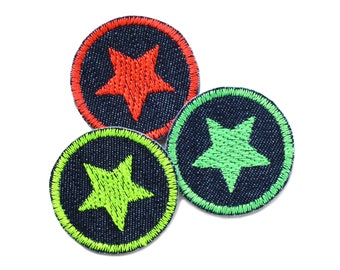 3 star patches to iron on, 4 cm, mini star embroidered neon colors, iron-on patches children & adults