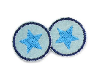 2 Stern Flicken zum aufbügeln, 4 cm, Mini Jeansflicken blau, Stern gestickt Bügelflicken