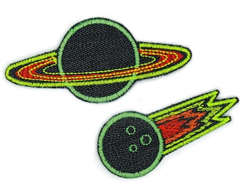 Saturn or comet neon jeans patches, planets shooting star iron-on patches, iron-on patches for children