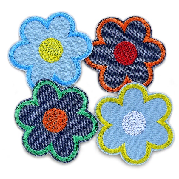 4 Blumen Bügelbilder Set, Blüten Jeansflicken gestickt, Aufnäher zum Aufbügeln