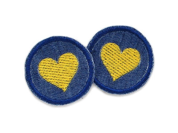 2 Denim Patch Heart, 4 Cm, Heart Embroidered Golden Yellow, Mini Patch for  Ironing 