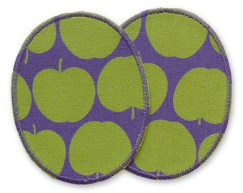2 parches termoadhesivos verde manzana - morado, robustos parches retro para rodillas con manzanas para niños