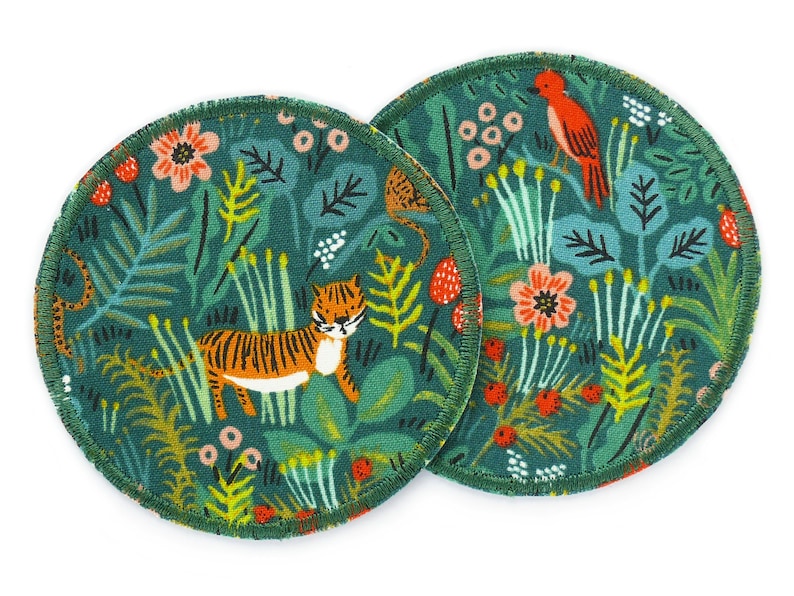2 patchs de pantalon animaux de la jungle vert, 8 cm, patchs thermocollants pour enfants, pantalons de réparation durables image 1