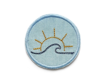 Patch zum aufbügeln Sonne und Meer, 6 cm, Aufnäher Sonnenuntergang gestickt, Jeansflicken Flicken