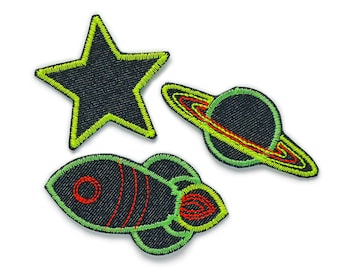 Space patch set - raket, Saturnus & ster, neon opstrijkbare patches voor kinderen, jeanspatches