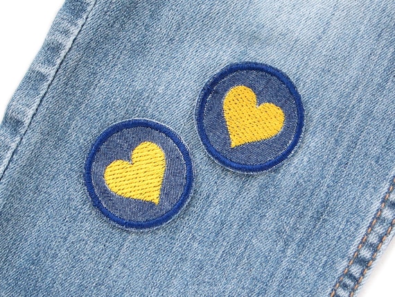 2 Denim Patch Heart, 4 Cm, Heart Embroidered Golden Yellow, Mini Patch for  Ironing 