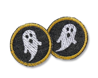 2 Mini Gespenster Flicken zum aufbügeln, 4 cm, gestickte Geister Jeansflicken, Halloween Aufnäher mit weißem Gespenst