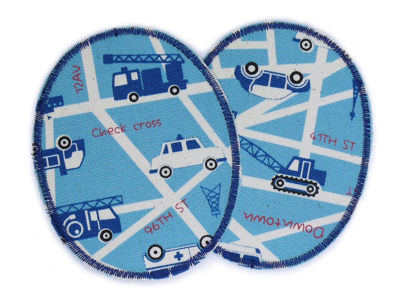 Auto Flicken zum aufbügeln 2er Set, Knieflicken Bügelflicken für Kinder mit Auto und Fahrzeugen blau, 2 Größen 8 x 10 cm
