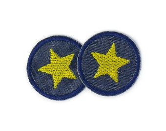 2 Mini Stern Aufnäher zum aufbügeln gelb-blau, 4 cm, Bügelflicken Sternchen gestickt Jeansflicken