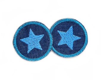 Set 2 Jeansflicken Stern Patch blau gestickt, 4 cm, Mini Flicken zum aufbügeln
