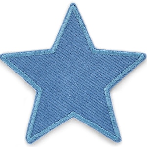 May include: A blue star-shaped patch with a light blue outline. The star is made of a textured fabric.