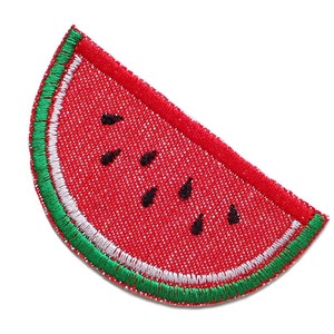May include: A red watermelon slice with green and white edging, embroidered on a fabric patch.