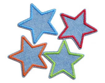 4 mini naszywki jeansowe w kształcie gwiazdek do naprasowania, 5 cm, zestaw kolorowych naszywek w gwiazdki, naszywki do naprasowania dla dzieci