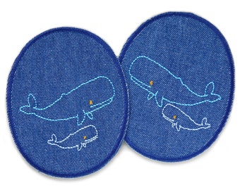 2 whale knee patches jeans patches, 8 x 10 cm, iron-on patches humpback whale, iron-on patches for children