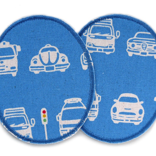 2 car bow patches blue-petrol, 8 x 10 cm, retro knee patches, patches for ironing for children