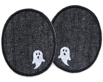Set 2 Knieflicken Gespenster, 8x10 cm, Geister Halloween Jeansflicken schwarz zum Aufbügeln für Kinder/Erwachsene