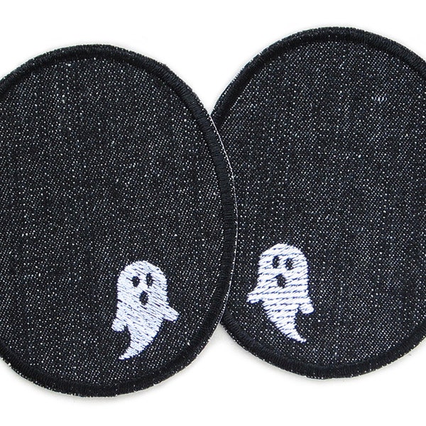 Set 2 Knieflicken Gespenster, 8x10 cm, Geister Halloween Jeansflicken schwarz zum Aufbügeln für Kinder/Erwachsene