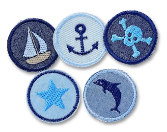 5 nautical mini iron-on denim patches – set with skull, anchor, sailboat, dolphin & star – 4 cm iron-on patches for children