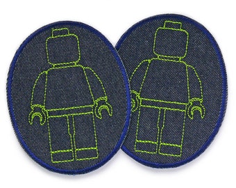2 Flicken zum aufbügeln Blockmännchen grün, 8x10 cm, robuste Jeansflicken Knieflicken Jeans für Kinder