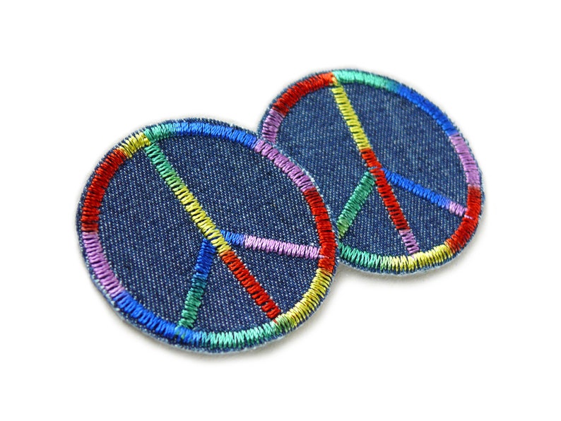 2 Mini Aufnäher Peace, Friedenzeichen Bügelbild, 4 cm, Regenbogen Jeansflicken Aufbügler Bild 1