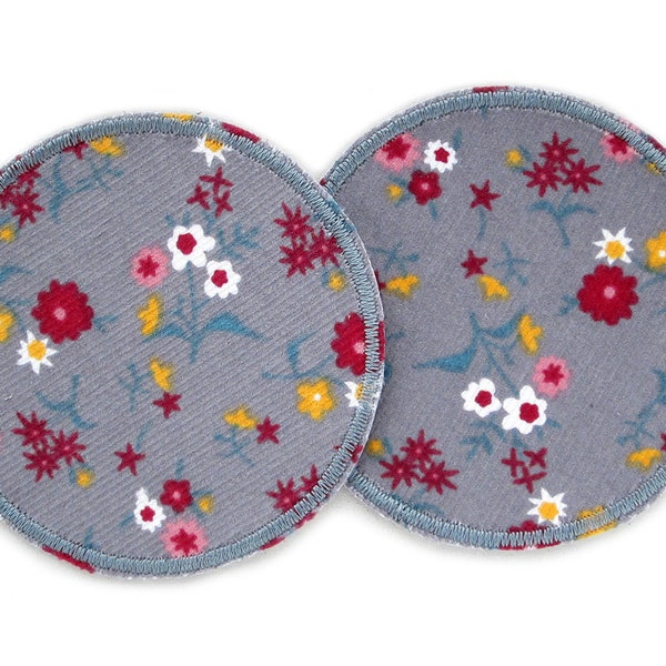 2 Cord Bügelflicken Flowers grey, 8 cm, Cordflicken colorful flowers, patches for ironing