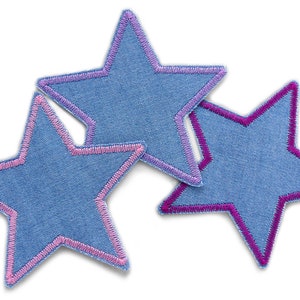 Naszywki na naprasowanki 3 gwiazdki, 8 cm, naszywki jeansowe różowo-fioletowe, naszywki na naprasowanki