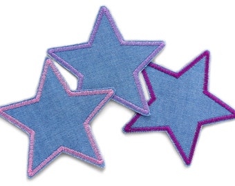 3 Stern Flicken zum aufbügeln, 8 cm, Jeansflicken rosa lila flieder, Aufnäher Bügelflicken Patches