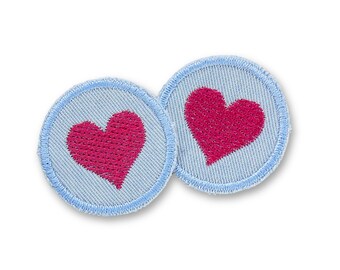 2 mini pink heart iron-on patches, 4 cm, small denim patches with embroidered heart