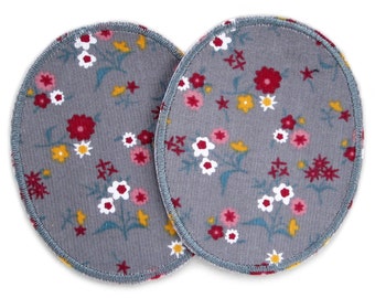 Cord Bügelflicken Flowers grey, 2 Cordflicken colorful flowers, 8 x 10 cm, patching for ironing