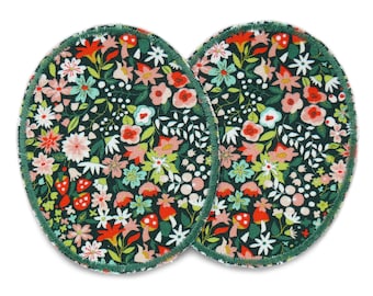 2 kniepleisters tot ijzerbloemen groen, 8 x 10 cm, ijzeren patches bloemen biologisch katoen, persbroek patches