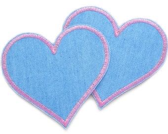 2 Herz Flicken zum aufbügeln rosa hellblau, 8,5 cm, Jeansflicken Herz, Bügelflicken für Jeanshosen