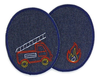 2 iron-on fire truck patches, 8 x 10 cm, jeans patches with fire truck & fire design for children