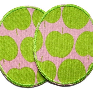 2 apple iron-on patches pink light green, retro knee patches apples, iron-on trouser patches for children 8 x 10 cm