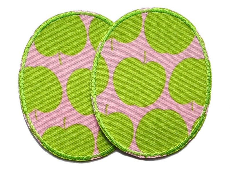 2 apple iron-on patches pink light green, retro knee patches apples, iron-on trouser patches for children 8 x 10 cm