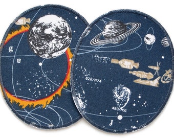 Patch 2 knieplekken ruimte, 10 x 12 cm, XL broek patch voor strijken met planeten, satellieten en sterren