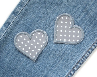 2 toppe termoadesive a forma di cuore, 5,5 cm, toppe a forma di cuore grigie a pois, accessorio ricamato