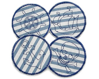 Pirate iron-on patches, 8 cm, 4 motifs, embroidered maritime patches with anchor, skull, steering wheel, ship