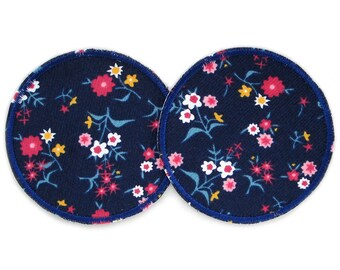 2 Cord Bügelflicken Blumen dunkelblau, 8 cm, Cordflicken bunte Blümchen, geblümte Flicken zum aufbügeln