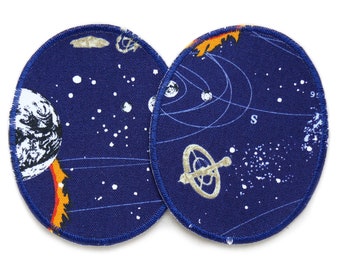 2 Flicken zum aufbügeln Weltall, 8x10 cm, Weltraum Hosenflicken Knieflicken mit Planeten, Satelliten und Sternen für Kinder
