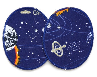 2 iron-on patches for children - space, 8 x 10 cm, space trouser patches/knee patches with planets, satellites and stars