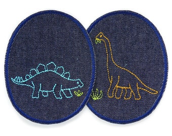 2 Dinosaurier Flicken zum Aufbügeln, 8 x 10 cm, Dino Bügelflicken für Jeanshosen, Jeansflicken für Kinder