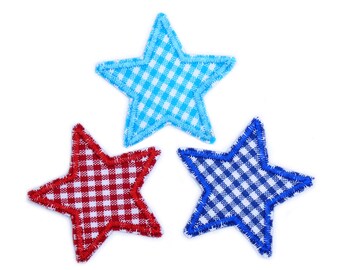 3 bunte Mini Stern Aufnäher Bügelbilder, 5 cm, kleine Vichy Stern Patches zum aufbügeln oder aufnähen