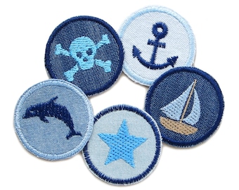 5 maritime mini iron-on jeans patches set, 4 cm, skull anchor star boat dolphin embroidered