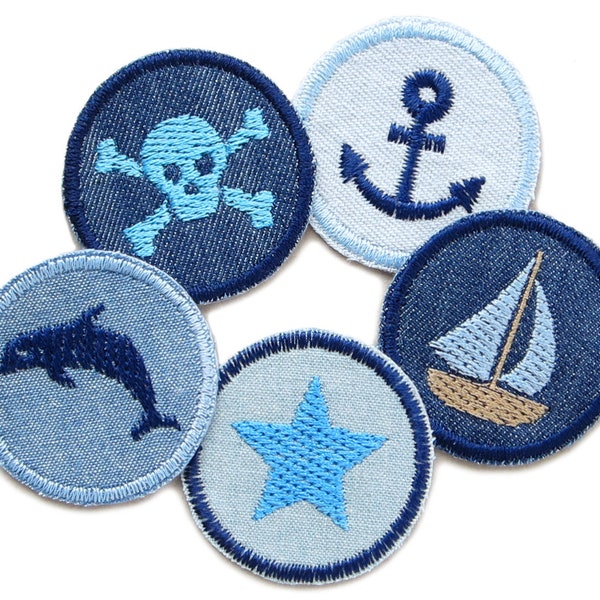 5 maritime mini iron-on jeans patches set, 4 cm, skull anchor star boat dolphin embroidered