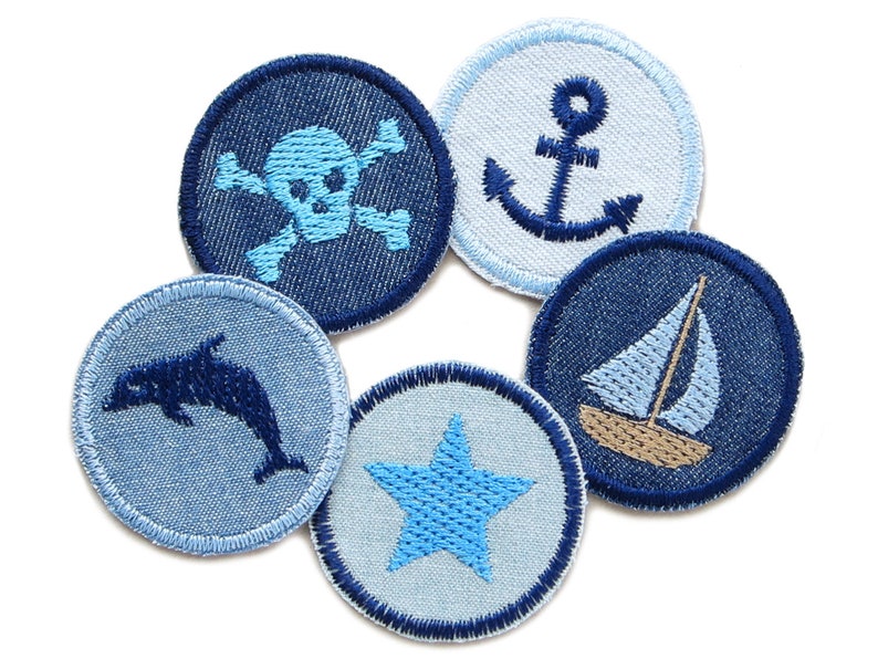 5 maritime mini iron-on jeans patches set, 4 cm, skull anchor star boat dolphin embroidered image 1